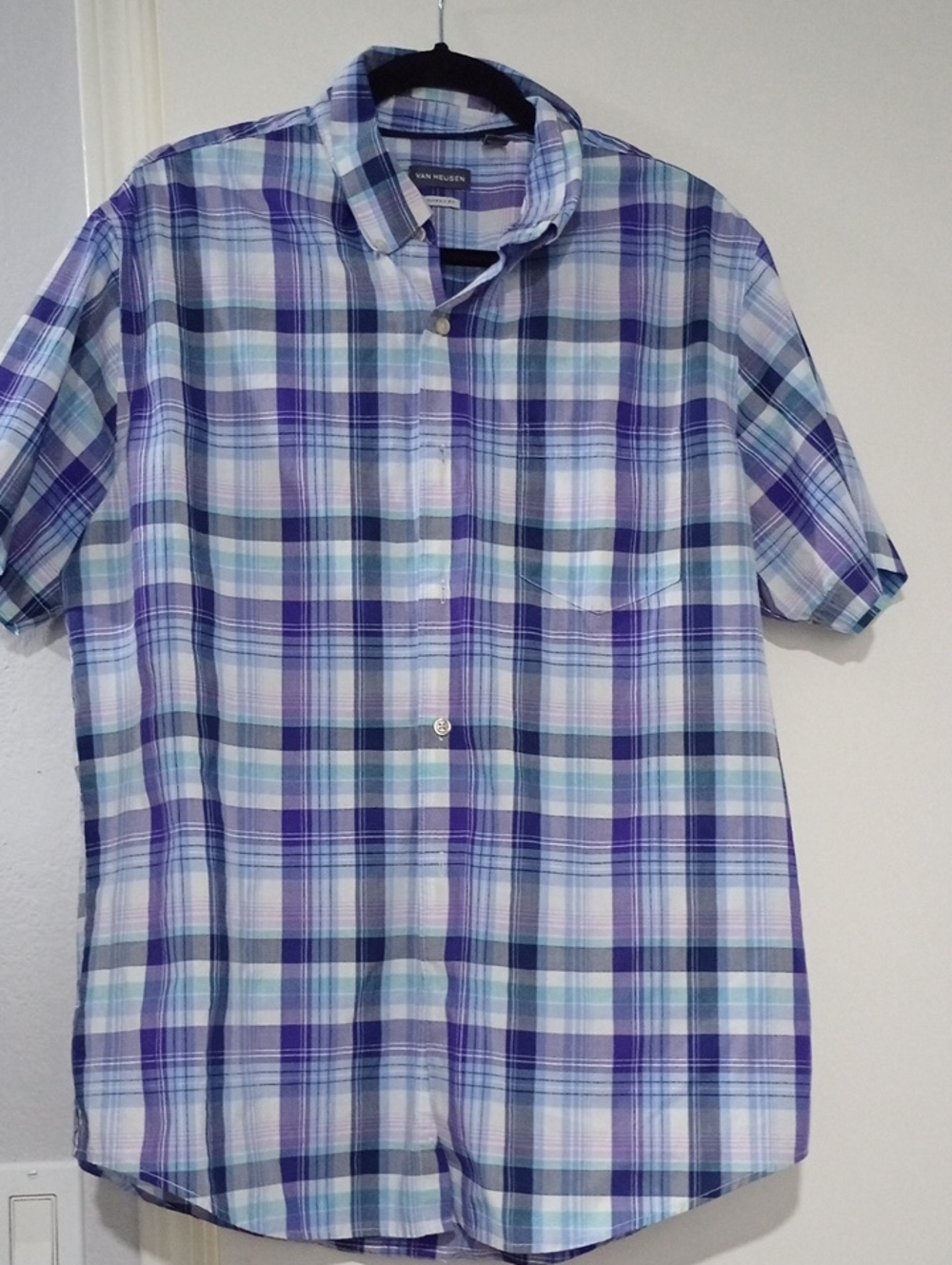 Van Heusen Men's Short-Sleeve Plaid Shirt - Blue & Purple Size L (16-16.5)
